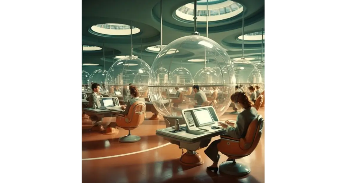 Group of people attending corporate training in round glass cabins