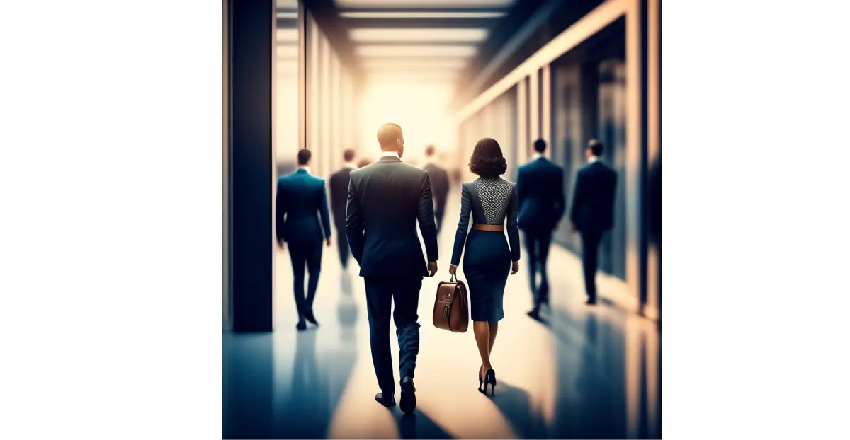 Two employees in formal wear  walking into office premises 