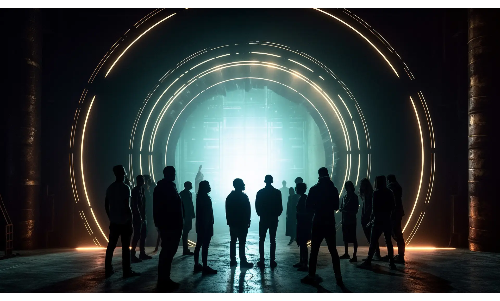 Group of people looking into giant spherical lighting 