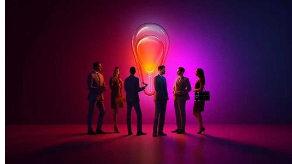 Image of people in a vibrant purple and yellow background with a bulb 