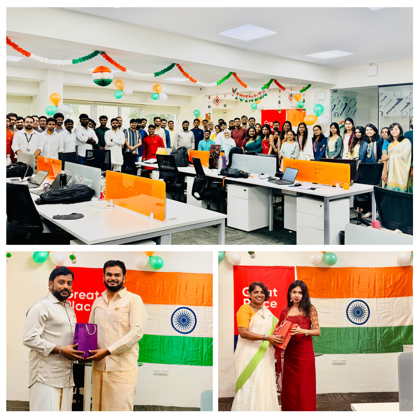 All dressed up for I-Day: Impa (right) receives her best-dressed prize from Gowri Sivakumar, and Anil (right) receives his prize from Gunashekar S. Elfonzites at the event.