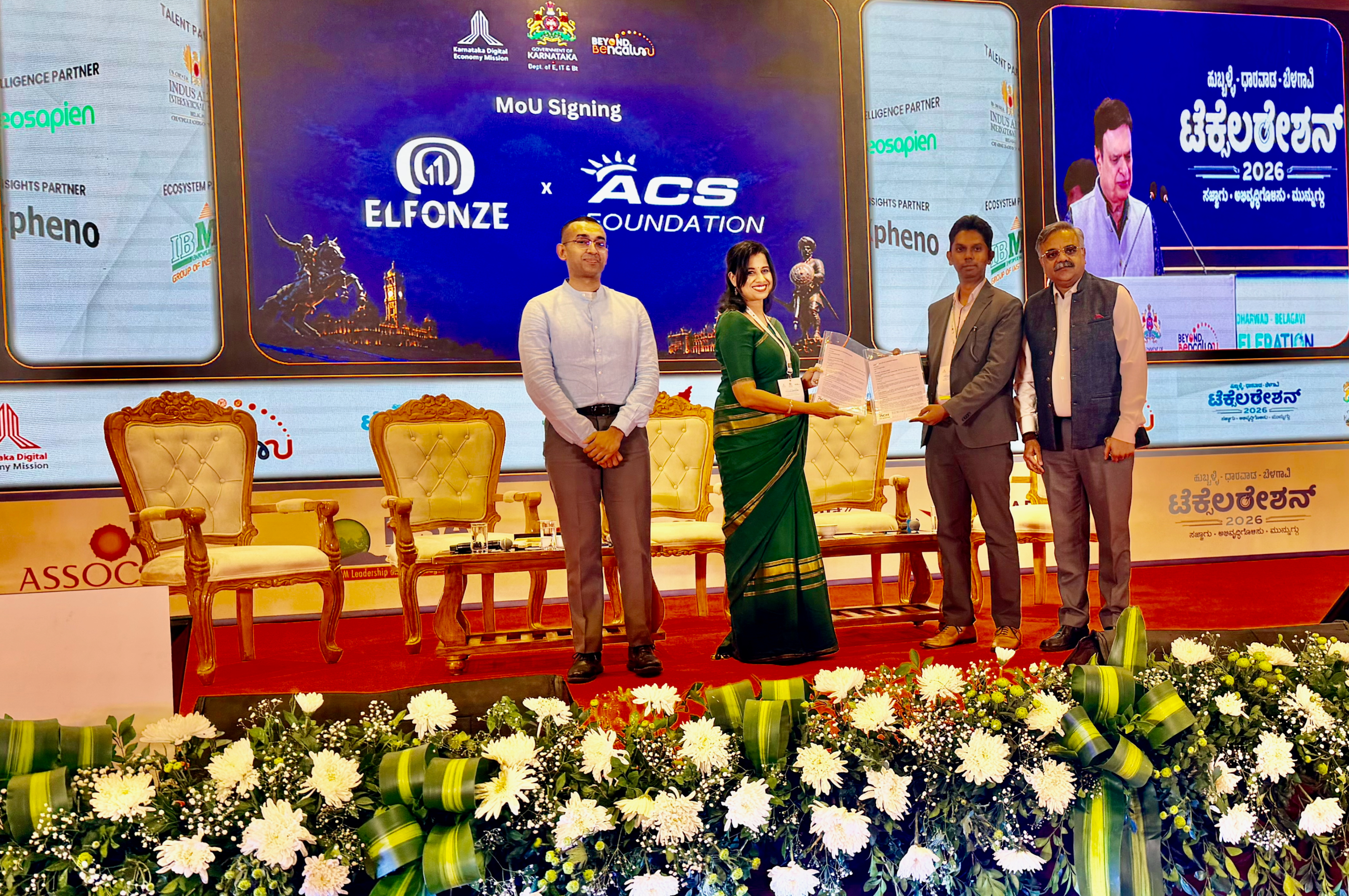Pallavi Huralikoppi of ACS Foundation and Vijai Velu of Elfonze Technologies sign ESG partnership MoU at KDEM Techceleration 2026