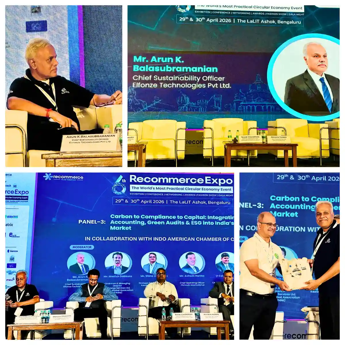 Arun K Balasubramanian, Chief Sustainability Officer at Elfonze Technologies, moderating the "Carbon to Compliance to Capital" panel at Recommerce Expo 2026 in Bengaluru.